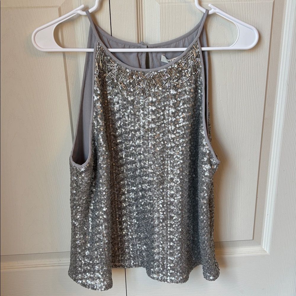 Halston Heritage sequin evening sparkle beaded silver tank top women’s 12 NWT!